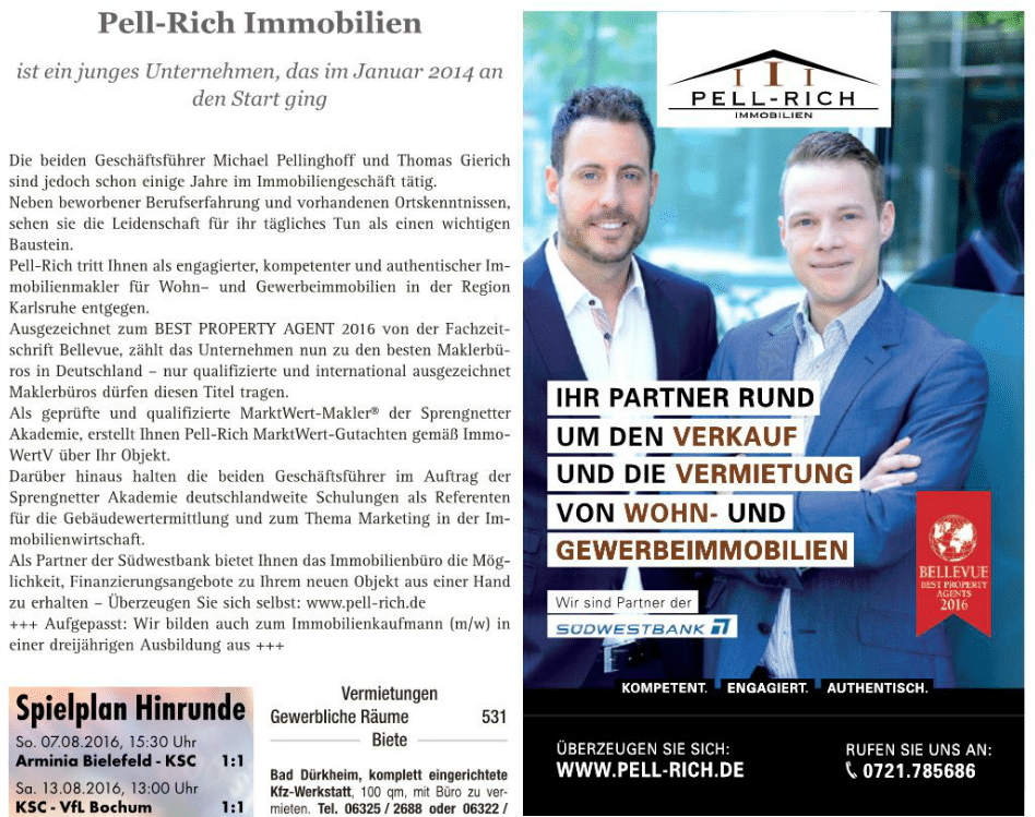 Pressetext und Werbeanzeige von Pell-Rich Immobilien, erschienen im Karlsruher Anzeiger