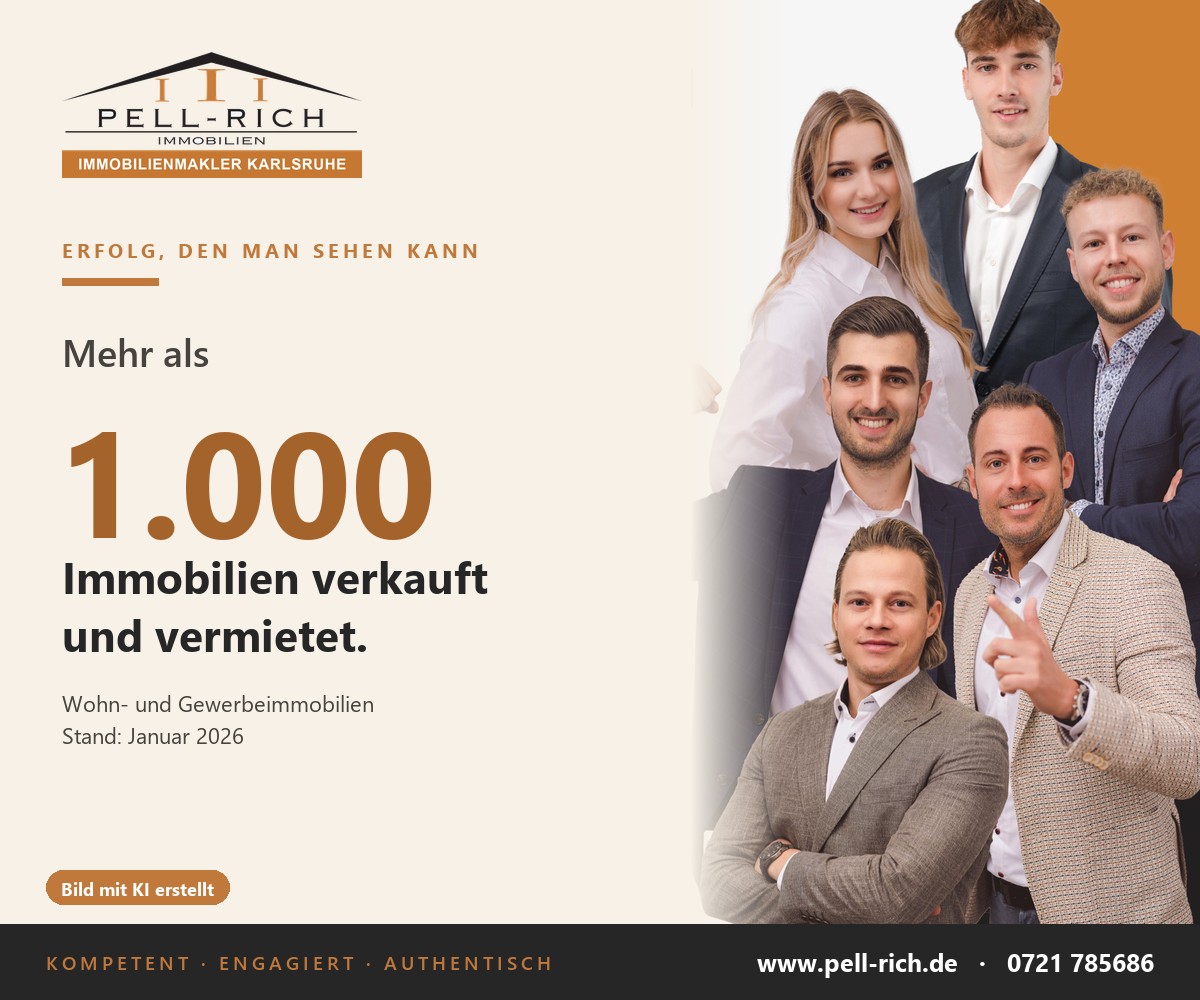 Team von Pell-Rich Immobilien Karlsruhe: mehr als 1.000 verkaufte und vermietete Immobilien, Stand Januar 2026