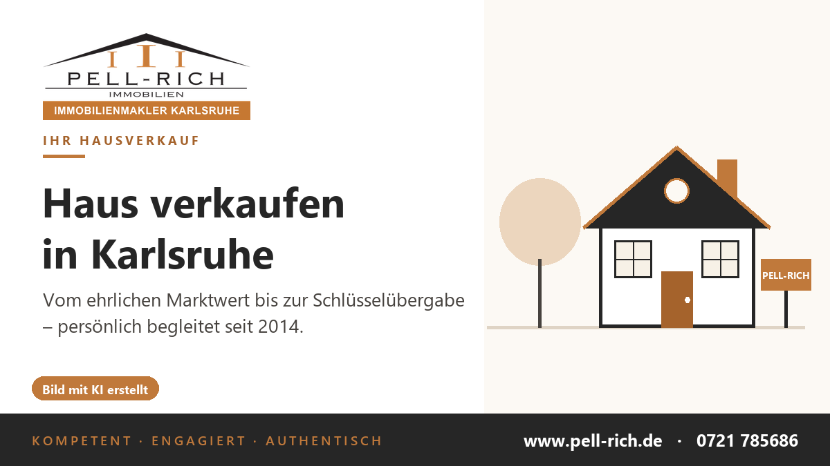 Haus verkaufen in Karlsruhe mit Pell-Rich Immobilien – Illustration eines Einfamilienhauses mit Verkaufsschild