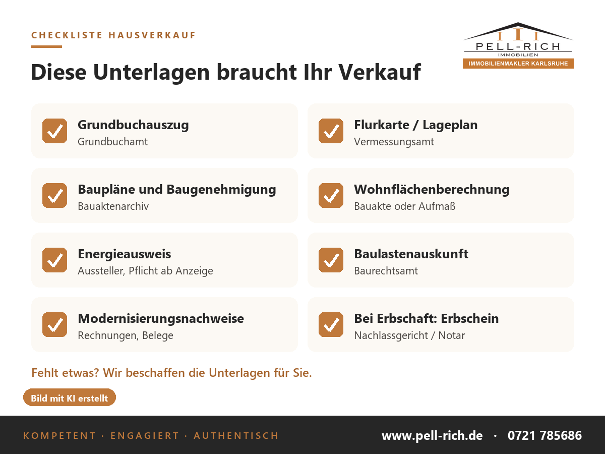 Checkliste der Unterlagen für den Hausverkauf: Grundbuchauszug, Flurkarte, Baupläne, Wohnflächenberechnung, Energieausweis, Baulastenauskunft, Modernisierungsnachweise, Erbschein