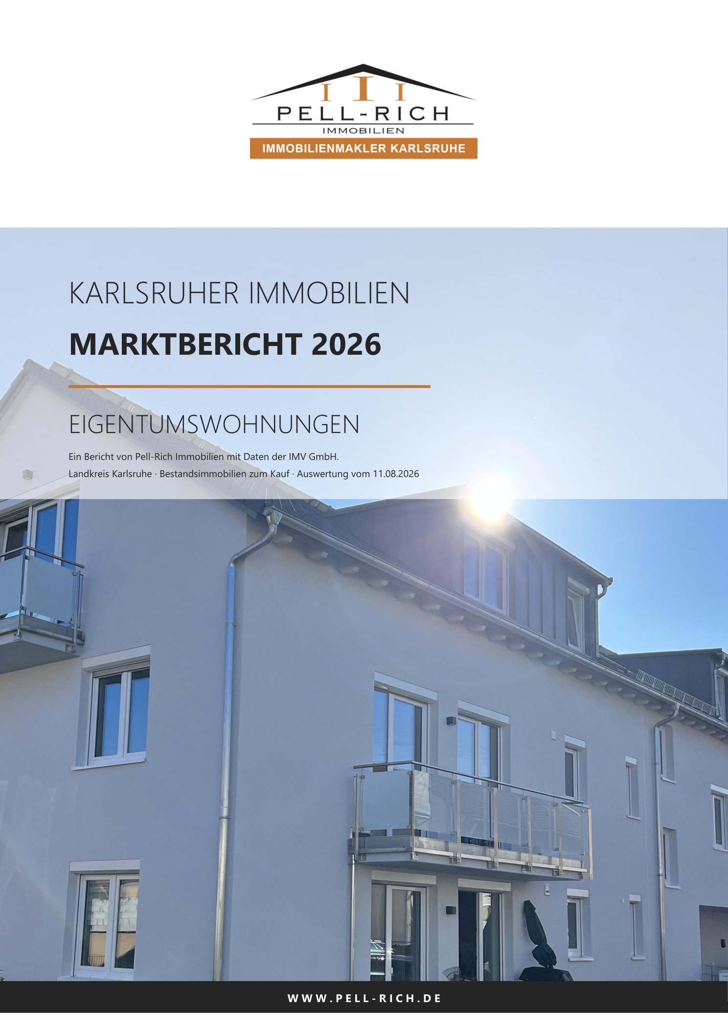 Titelseite des Karlsruher Immobilien-Marktberichts 2026 für Eigentumswohnungen von Pell-Rich Immobilien