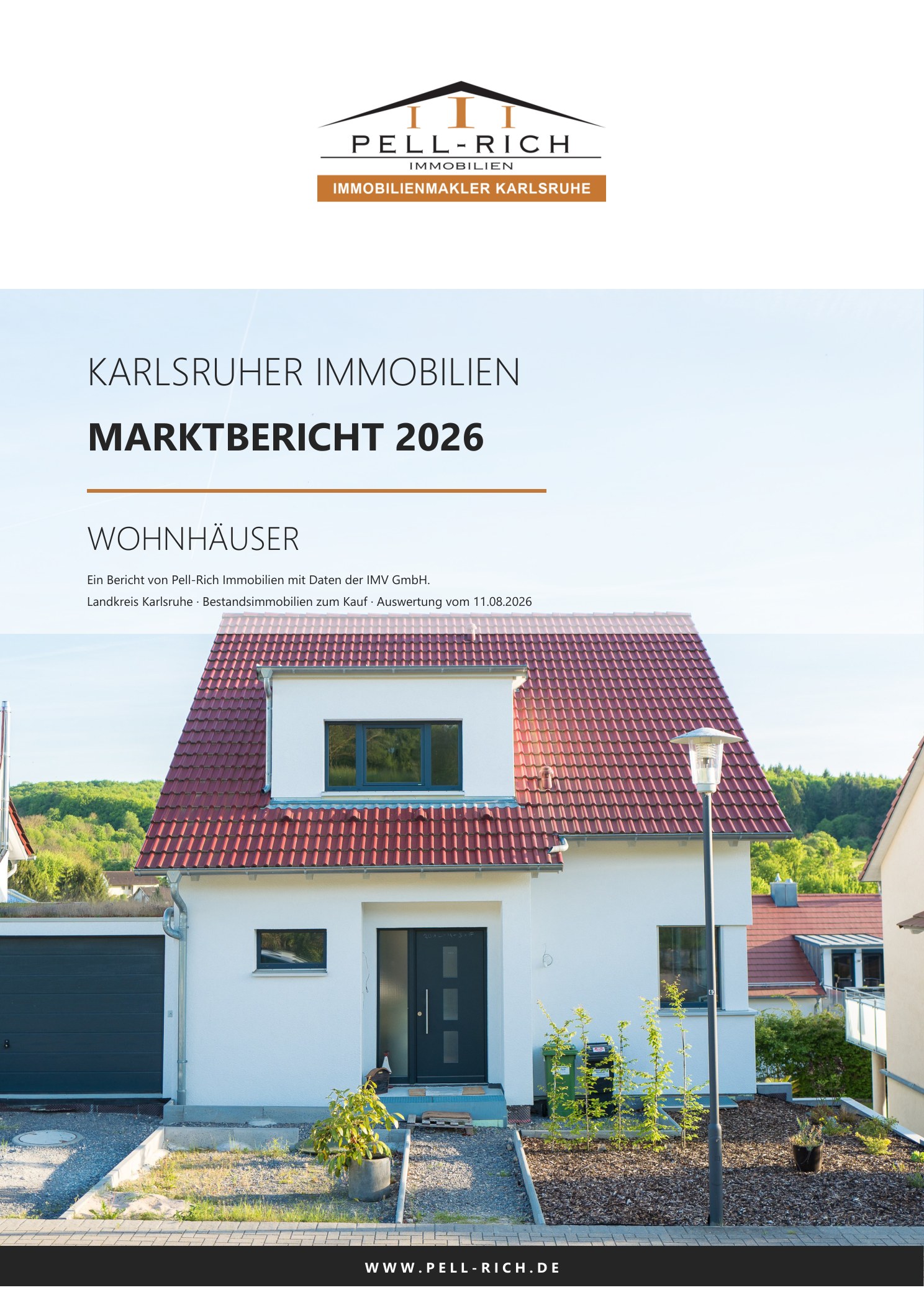 Titelseite des Karlsruher Immobilien-Marktberichts 2026 für Wohnhäuser von Pell-Rich Immobilien