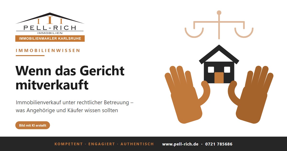 Zwei Hände tragen ein Haus, darüber die Waage der Justitia – Immobilienverkauf unter rechtlicher Betreuung