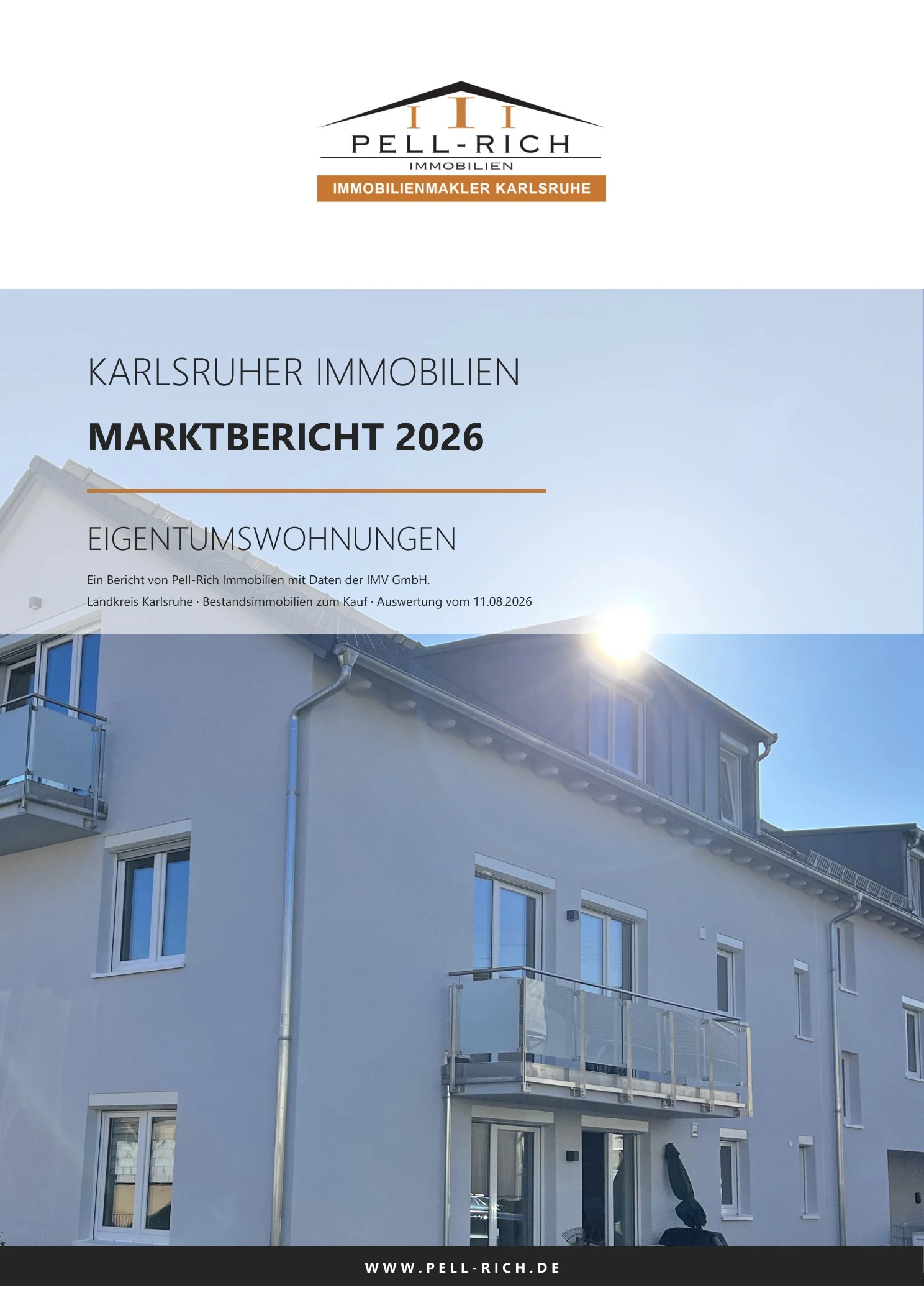 Titelseite des Karlsruher Immobilien-Marktberichts 2026 für Eigentumswohnungen von Pell-Rich Immobilien