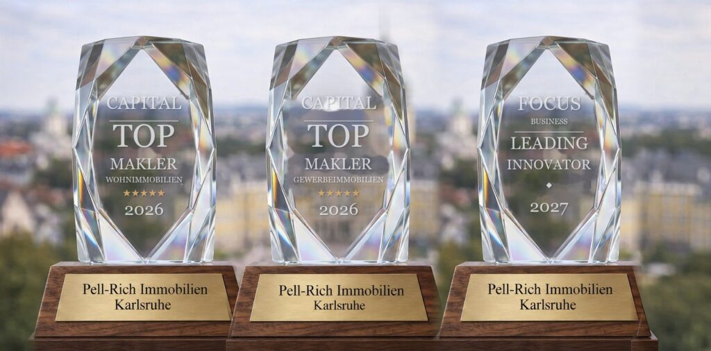 Drei Kristallpokale für Pell-Rich Immobilien Karlsruhe: Capital Top Makler 2026 für Wohn- und Gewerbeimmobilien sowie FOCUS-Business Leading Innovator 2027